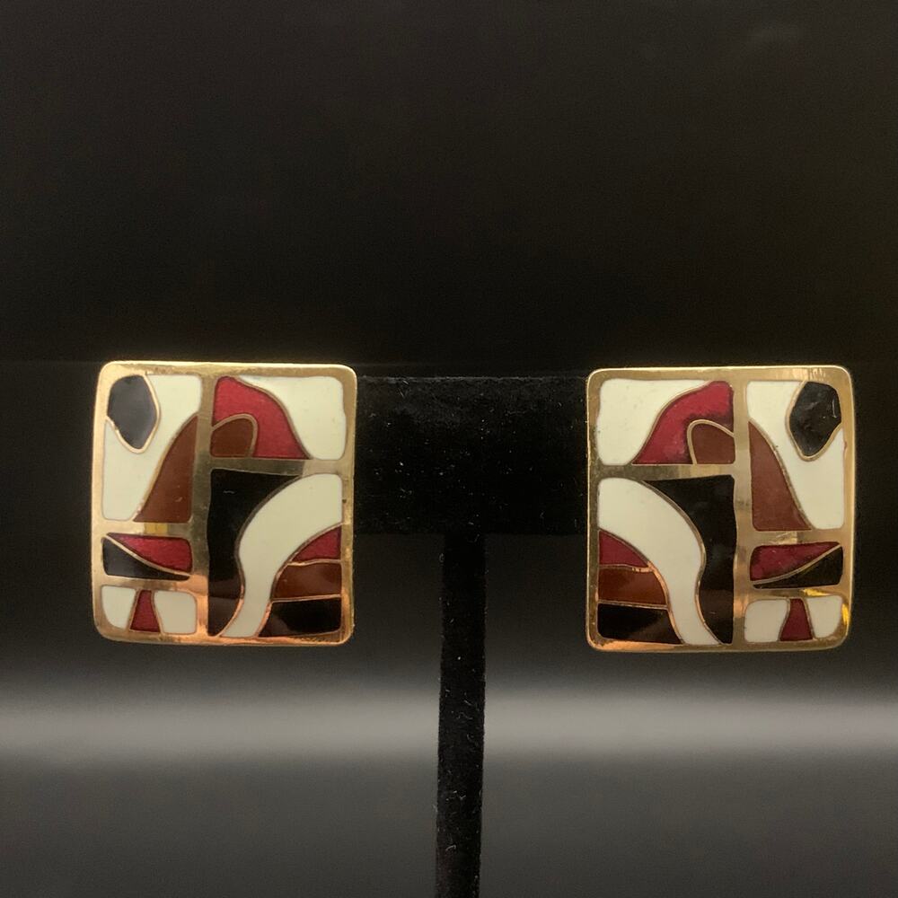 Vintage Modernist Abstract Enamel Square Gold Tone Clip On Earrings White Red